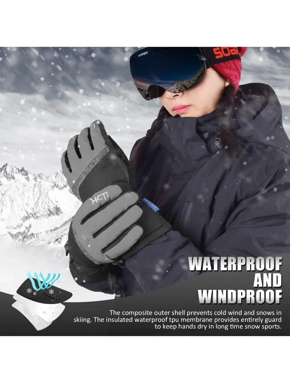 NWT Ski Gloves,Winter Waterproof Snowboard Snow 3M Thinsulate Wrist Leashes